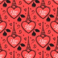 Heart with lace and eiffel tower. Seamless pattern. Vector illustration. Velentines day design