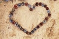 Heart laid of cones on warm sand