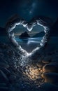 A heart laid with round stones on the shore of a lake at night. Heart as a symbol of affection and Royalty Free Stock Photo