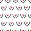 Heart between laurel wreath seamless vector pattern. Repeating background red doodle hearts floral branches. Surface pattern