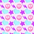 Heart, lightning, star, skull watercolor seamless pattern