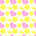 Heart, lightning, star watercolor seamless pattern