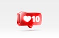 Heart 10 like icon, sign follower 3d banner, love post social media. Vector