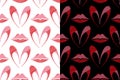 Heart, Lips seamless pattern. Embroidery hand made stitched style cartoon illustration, red pink tones color palette Royalty Free Stock Photo