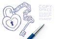 Heart lock and key chain love couple symbol hand drawing by pen sketch blue color, valentine concept design