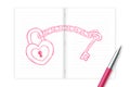 Heart lock and key chain love couple symbol hand drawing by pen sketch pink color with notebook, valentine concept design Royalty Free Stock Photo