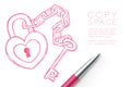 Heart lock and key chain love couple symbol hand drawing by pen sketch pink color, valentine concept design Royalty Free Stock Photo