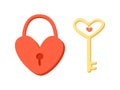 Heart lock and heart key in doodle style isolated on white background. Declaration of love and romantic feelings. For