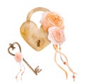 Heart lock with key and rose flowers Royalty Free Stock Photo