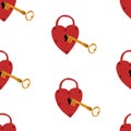 Heart Lock and key seamless pattern. Valentine day wallpaper. Hand drawn cartoon cute background in retro vintage style. Royalty Free Stock Photo