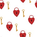 Heart Lock and key seamless pattern. Valentine day wallpaper. Hand drawn cartoon cute background in retro vintage style. Royalty Free Stock Photo