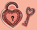 Heart lock with keyhole and decorative key vector icon on pink background Royalty Free Stock Photo