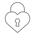 Heart lock thin line icon, love and padlock, love lock sign, vector graphics, a linear pattern on a white background.