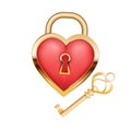 Heart lock with vintage gold key, keyhole isolated on white background. Royalty Free Stock Photo