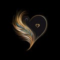 Heart logo concept with gold feather, black background. Heart as a symbol of affection and Royalty Free Stock Photo