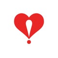 Heart logo with an exclamation point incorporated into design. Love, dating, or valentine concept.