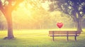 Heart lollipop on park bench, sunrise, romantic scene Royalty Free Stock Photo