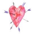 Heart with a lot of arrows, love sign, valentines symbol, watercolor with clipping mask technique Royalty Free Stock Photo