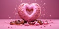 Heart and love donuts.14 February in pink colors, Valentine pink donut with strawberry. Strawberry donut with pink frosting and