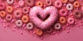 Heart and love donuts.14 February in pink colors, Valentine pink donut with strawberry. Strawberry donut with pink frosting and