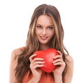 Heart, love and face portrait of woman with red object, romantic product or emoji icon for Valentines Day holiday