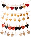 Heart love garland blank empty paper sheet attached with wooden wood pegs on string on transparent background cutout, PNG Royalty Free Stock Photo