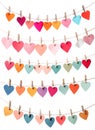 Heart love pennant bunting garland blank empty paper attached with wood pegs on string on transparent background cutout, PNG