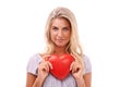 Heart, love and portrait of woman with red object, romantic product or emoji icon for Valentines Day holiday. Beauty