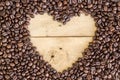 Heart love space coffee beans on wood Royalty Free Stock Photo