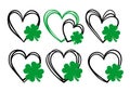 Heart Lucky Clover, Heart Shamrock Icons Set, Four leaf clover, Saint Patrick's Day Heart Vector Illustration