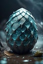 Cyan colored ice dragon egg in the middle of the forest