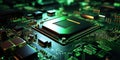 Heart of the Machine: Microprocessor in Green Glow. Motherboad electronics. Generative AI Royalty Free Stock Photo