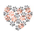 Heart made of animal paw prints. Contour. Emblem of the animal shelter. Vector illustration. Royalty Free Stock Photo