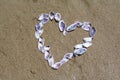 Heart made with beautiful sea shells on wet sand, flat lay Royalty Free Stock Photo