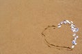 Heart made with beautiful sea shells on wet sand. Space for text Royalty Free Stock Photo