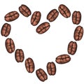 A heart made of coffee beans. Watercolor vintage illustration. Isolated on a white background. Royalty Free Stock Photo