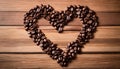 A heart made of coffee beans on a wooden table