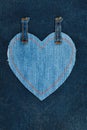 Heart made of denim fabric with yellow stitching on dark denim