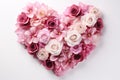 heart made of different pink flowers on white background top view, romantic valentines day design