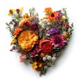 heart made of different red and yellow wild flowers isolated on white background top view Royalty Free Stock Photo