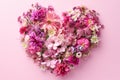 Heart made of flowers on a pink background. The image is generated with the use of an AI.