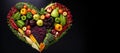 Heart made of fresh fruits and vegetables on black background. Healthy food concept Royalty Free Stock Photo