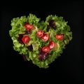 Heart made of fresh green salad isolated on black background.