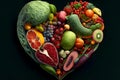 Heart made from fresh vegetables and fruits. Generative AI. Royalty Free Stock Photo