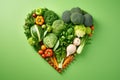 Heart made of fresh vegetables on green background, top view. Healthy food concept Royalty Free Stock Photo