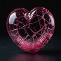 A heart made of glass is shown on a dark background. The heart is pink and has a broken appearance, giving it a sense of fragility