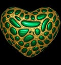 Heart made of golden shining metallic 3D with green glass isolated on black background. Royalty Free Stock Photo