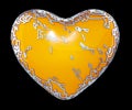 Heart made in golden shining metallic 3D with yellow paint isolated on black background.