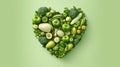 Heart made of green vegetables on green background. Healthy food concept Royalty Free Stock Photo