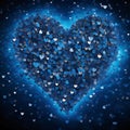 Heart made of hundreds of tiny blue hearts and a light blue light on a dark background. Heart as a s of affection and love